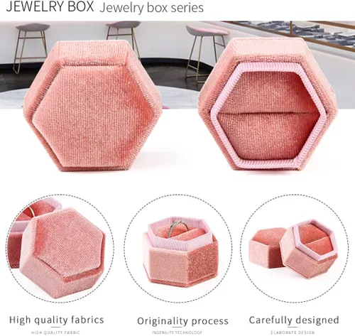 Vista 4 de Caja hexagonal de terciopelo para anillos con doble anillo, elegante caja de almacenamiento de joyas para propuestas, compromiso, aniversario, Blanco
