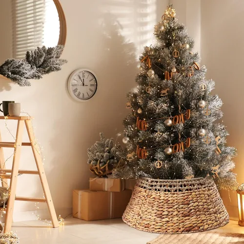 Vista 5 de Leyndo Collar de árbol de Navidad tejido de ratán para árbol de Navidad, base de árbol de Navidad rústico natural y jacinto de agua