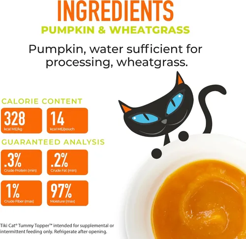Vista 4 de Tiki Cat Tummy Topper, puré de receta de calabaza, formulado para apoyar la digestión saludable, Mousse Cat Food Topper, bolsa de 1.5 onzas