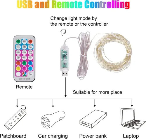 Vista 8 de Minetom Luces de Hadas que Cambian de Color - Guirnalda de 100 Luces LED de 33 Pies con Control Remoto, 11 Modos, Luces de Hadas USB