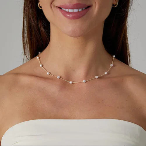 Vista 2 de Feskive Delicado collar con colgante de perlas para mujer, chapado en oro de 14 quilates, elegante collar de perlas de agua dulce, collar de perlas