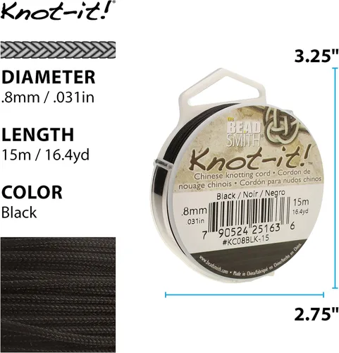 Vista 4 de The Beadsmith Knot-it! Cordón de nailon chino, color negro, 0.031 in de diámetro, carrete de 49.2 ft, uso en macramé, kumihimo, pulseras
