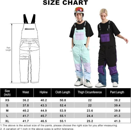 Vista 6 de GSOU SNOW Pantalones de esquí para mujer, overol con peto de nieve, impermeable, resistente al viento, aislado, correa ajustable, cálido