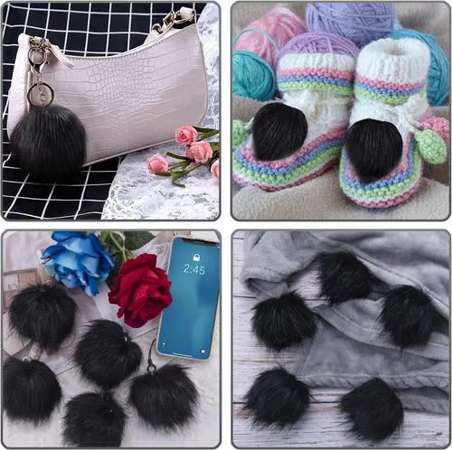 Vista 5 de SIQUK 24 Piezas de Bolas de Pompón de Pelo Sintético Negro con Lazo Elástico, Pompones Esponjosos de Pelo de Zorro Sintético para Gorros, Bonés