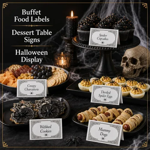 Vista 8 de Andaz Press Tarjetas de lugar con nombre de Halloween para colocar la mesa, etiquetas de alimentos en blanco para tarjetas de bufé de fiesta