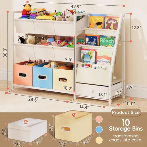 Vista 2 de HAVLOTII Organizador de almacenamiento de juguetes, estantería para niños y almacenamiento de juguetes con 3 estantes para libros y 10 contenedores