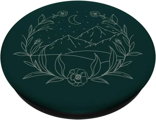 Vista 2 de Boho Mountain Moon Night Botánico Floral (verde bosque) PopSockets PopGrip estándar