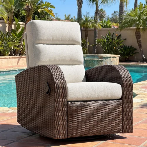 Vista 20 de LayinSun Sillón reclinable giratorio de mimbre de gran tamaño con respaldo ajustable y reposapiés, sillón reclinable para patio Gris