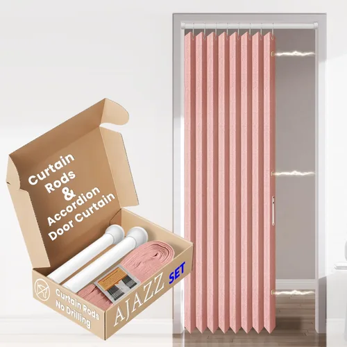 Vista 20 de AJAZZ Conjunto: Barras para cortinas sin perforación (28-39" de ancho) y cortina acordeón para puerta, beige 43" de ancho × 78" de largo, puertas