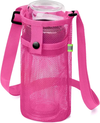 Vista 33 de Bolsa grande para botella de agua con correa, soporte de malla grande para botella de agua, correa para el hombro y bolsillo, soporte ligero