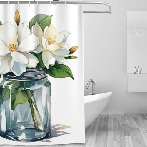 Vista 2 de YLATY3027 - Cortina de ducha con estampado de flores y flores para baño, juego de cortina de ducha bohemia con hojas verdes y flores blancas, tela