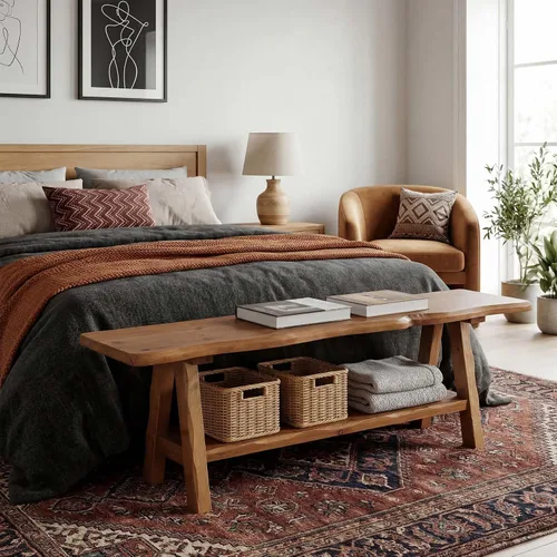 Vista 4 de Banco de entrada de madera maciza de 55 pulgadas, banco de cama con borde vivo, asiento de comedor interior para entrada, dormitorio, sala de estar