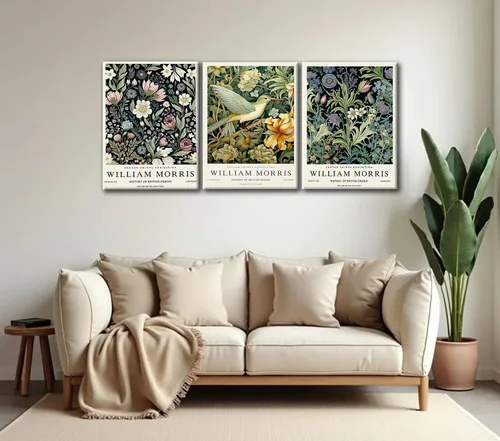 Vista 6 de 3 piezas de lienzo estilo William Morris, arte de pared vintage botánico floral y pájaro, impresiones en lienzo estirado envuelto en galería