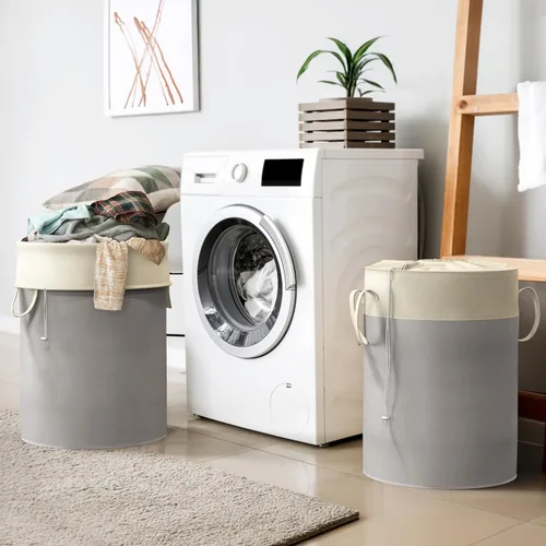 Vista 7 de Simple Houseware Cesta de lavandería plegable de 74L, cesta redonda de algodón con cierre de cordón y asas, paquete de 2, color gris