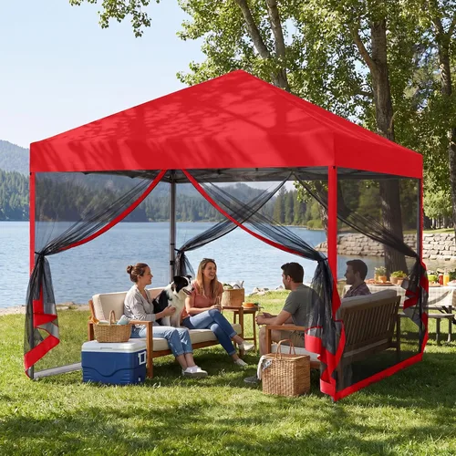 Vista 6 de MASTERCANOPY Toldo desplegable para exteriores de fácil instalación con paredes de malla (8 x 8 pies, rojo) Silver‑coated Waterproof UV‑blocking