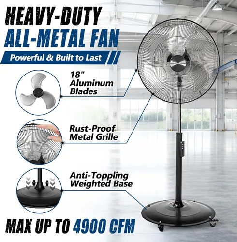Vista 2 de Ventilador de pedestal con motor de CC de 18 pulgadas, ventilador oscilante de alta velocidad de 4900 CFM, control remoto, ventilador de pie
