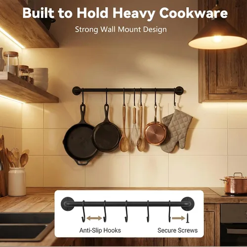 Vista 5 de Soporte de pared para utensilios de cocina hecho de acero, organizador de ollas y sartenes, soporte de pared para organizador de cocina de hierro