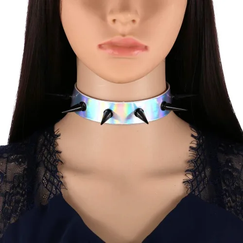 Vista 5 de FM FM42 Gargantilla holográfica multicolor de PU en tono negro con remaches con picos punk rock gótico