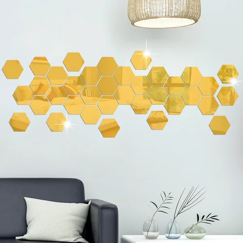 Vista 4 de RW-103 - 36 calcomanías acrílicas para espejo hexagonal, bricolaje, removibles, geométricos 3D, decoración de pared para dormitorio, sala de estar