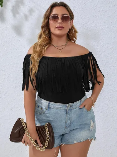 Vista 3 de WDIRARA Body sin mangas con flecos y hombros descubiertos para mujer, talla grande