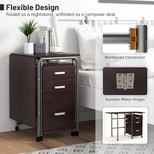 Vista 5 de Giantex Escritorio plegable para espacio pequeño, escritorio de oficina en casa rodante con 3 cajones y ruedas universales con cerradura, escritorio