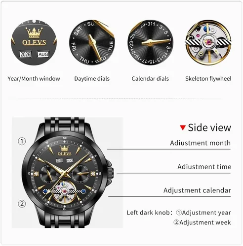 Vista 5 de OLEVS Relojes automáticos para hombre, de lujo, esqueleto multifuncional, reloj mecánico de cuerda automática, fecha, impermeable, luminoso, reloj