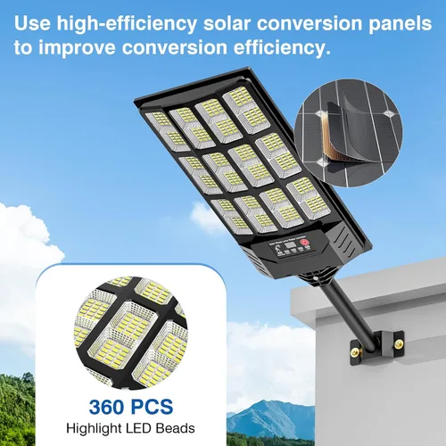 Vista 9 de Farolas solares impermeables para exteriores, 48000 lúmenes, luz de inundación gran angular de 320°, luz LED de estacionamiento solar con sensor