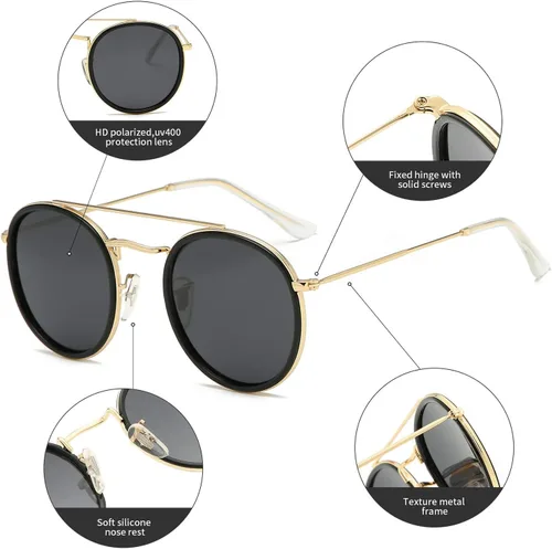 Vista 2 de DUSHINE - Gafas de sol polarizadas para hombre y mujer, doble puente, redondas, 100% protección UV