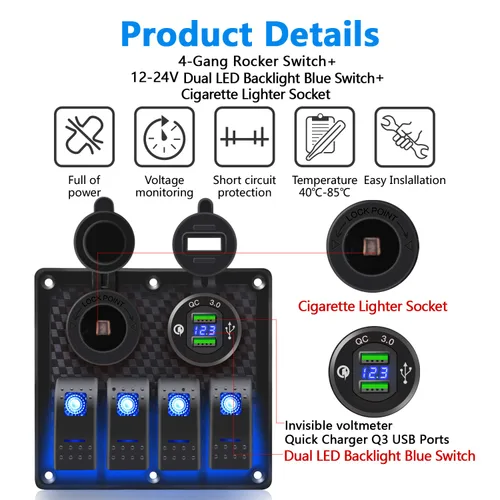 Vista 2 de FXC Panel de interruptor basculante de barco marino impermeable de 4 cuadrillas con doble ranura USB