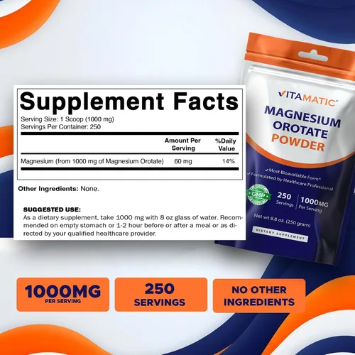 Vista 2 de Vitamatic Orotato de magnesio 1000 mg por porción apoya la salud muscular, las articulaciones y el corazón, 8.82 oz - 250 porciones