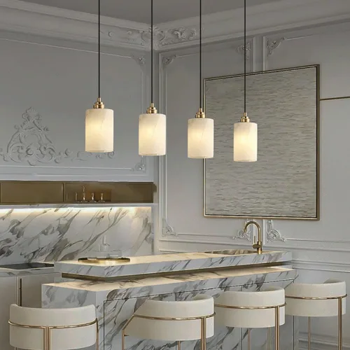 Vista 2 de Lámpara colgante de mármol cilíndrico nórdico, moderna lámpara colgante de cobre completo con pantalla de piedra natural, candelabros de altura