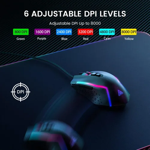 Vista 2 de EKSA Mouse para juegos mouse ergonómico con cable con 7 botones programables retroiluminación Chroma RGB 6 y ajustable 8000 DPI para jugadores de PC