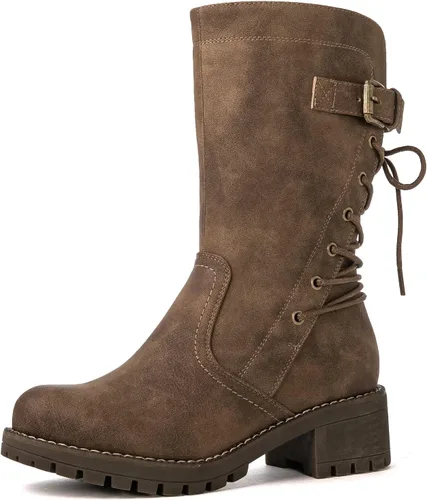 Vista 2 de Globalwin - Botas de motociclista para mujer, agujetas, a media pantorrilla, estilo militar, para festivales