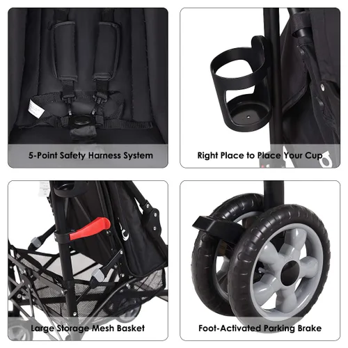 Vista 4 de BABY JOY Cochecito ligero, cochecito de viaje compacto, cochecito de bebé con respaldo ajustable y toldo, soporte para tazas, cesta de Negro