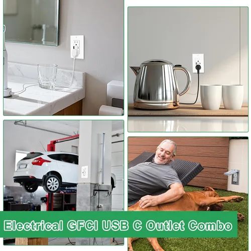 Vista 8 de Greencycle Toma GFCI de 15 amperios con puertos USB C y USB A, 1 unidad de toma eléctrica GFCI de prueba automática con USB, con indicador LED