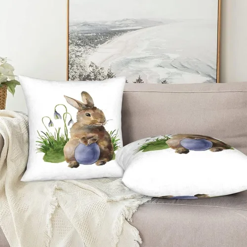 Vista 5 de Juego de 2 fundas de almohada decorativas de conejo de Pascua de 16 x 16 pulgadas, con diseño de conejos y hojas de primavera, fundas de almohada