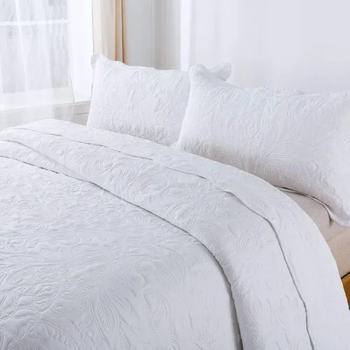 Vista 8 de HoneiLife - Juego de colcha de tamaño King, juego de ropa de cama bordada de microfibra de 3 piezas, colcha reversible, ligera, patrón de estampado