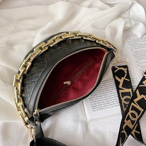 Vista 4 de Riñonera de cadena gruesa para mujer, bolso de cintura de cuero a cuadros, bolso cruzado de hombro, bolsos de pecho de lujo, bolsos de diseñador
