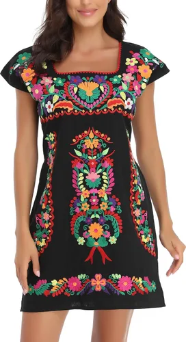 Vista 5 de YZXDORWJ Vestido bordado mexicano sin mangas con cuello de volantes para mujer