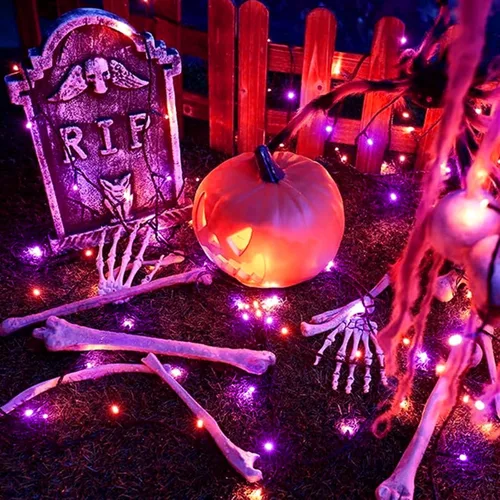 Vista 7 de XTF2015 Guirnalda de luces de Halloween naranja y morada, luz de Halloween de 105 pies, 300 LED que cambian de color, enchufe de extremo a extremo