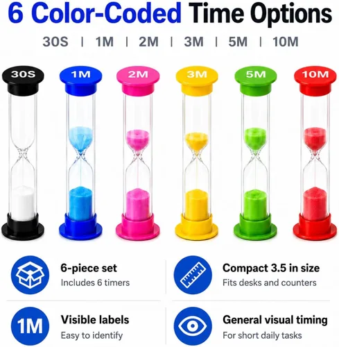 Vista 2 de I-MART Temporizador de arena de plástico, reloj de arena, reloj de arena, 30 segundos, 1 min, 2 minutos, 3 minutos, 5 minutos, 10 minutos