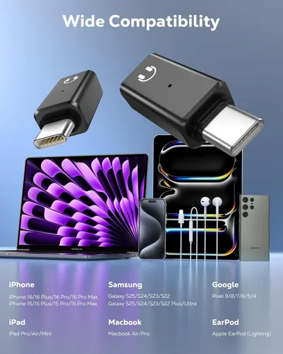 Vista 7 de MoKo Adaptador de audio Lightning a USB-C, no para micrófonos/carga/transferencia de datos, USB C macho a hembra, adaptador de auriculares Lightning