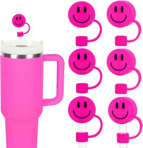 Vista 8 de Whaline 6 fundas de paja negras con diseño de sonrisa de 0.4 pulgadas, de silicona, reutilizables, redondos, con patrón de doble cara, para vasos