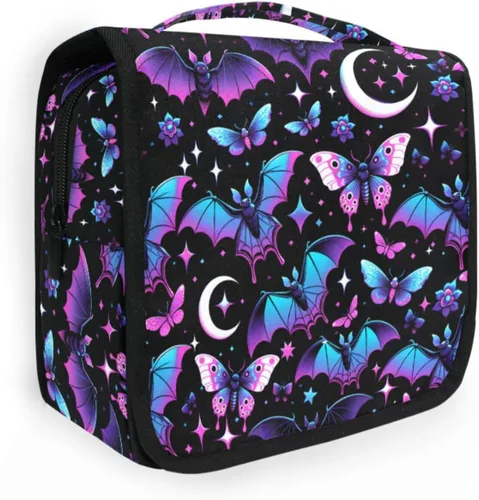 Vista 21 de MNSRUU Neceser colgante con diseño de calavera y girasol, bolsa de maquillaje de viaje para artículos de tocador, organizador de artículos