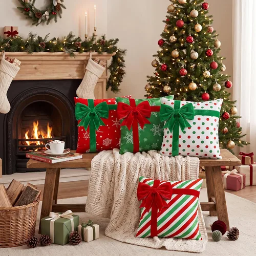 Vista 4 de Kingdder Fundas de almohada navideñas de 20 x 20 pulgadas, juego de 4 fundas de almohada de Navidad de granja, caja de regalo, decoración de lazo