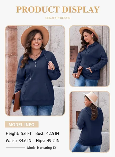 Vista 3 de Eytino Sudadera con capucha de talla grande para mujer, manga larga, cuello de botón, con cordón y bolsillos (1X-5X)