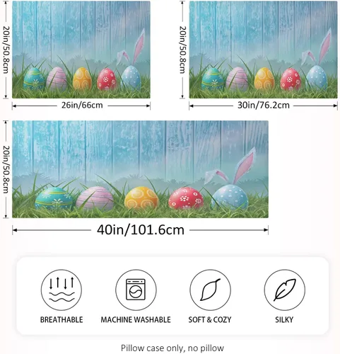 Vista 2 de Nander Funda de almohada de satén estándar de Pascua, huevos coloridos y orejas de conejo, funda de almohada para el hogar, funda de almohada suave