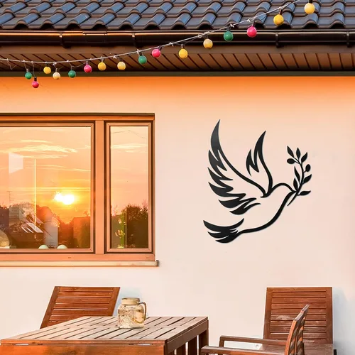 Vista 2 de Vivegate Dove of Peace - Arte de pared de metal con rama de olivo – ramas de olivo con contorno negro, decoración de pared de metal de paloma blanca