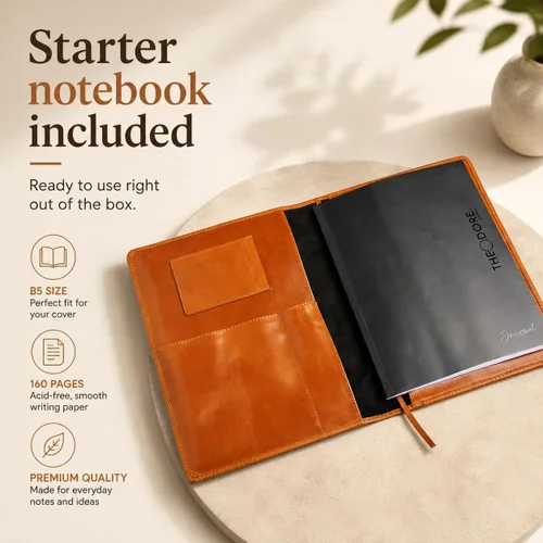 Vista 5 de Theodore Funda de cuero para cuaderno de 7.8 x 10.8 pulgadas con diario, para tableta, teléfono, cuaderno, tarjetas de visita, bolsillos