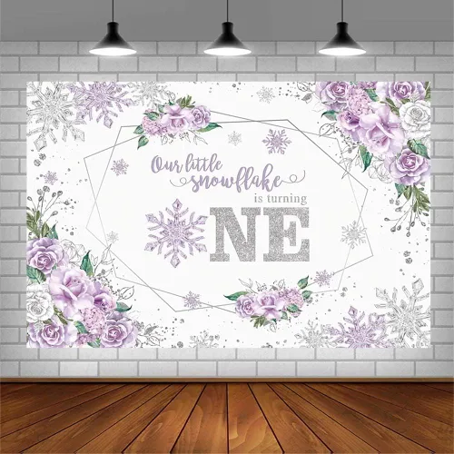 Vista 3 de AIBIIN Telón de fondo de invierno de 7 x 5 pies para niña, copo de nieve, color morado, floral, plateado, con purpurina, fondo de fotografía